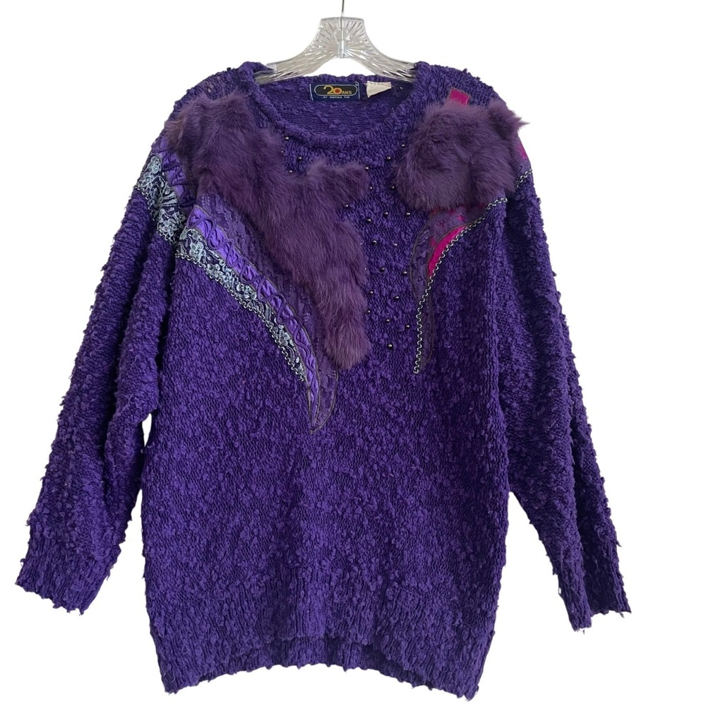 20 Ans Purple Art‎ to Wear Sweater M/L Faux Fur Sequin Beaded Knit Statement Top